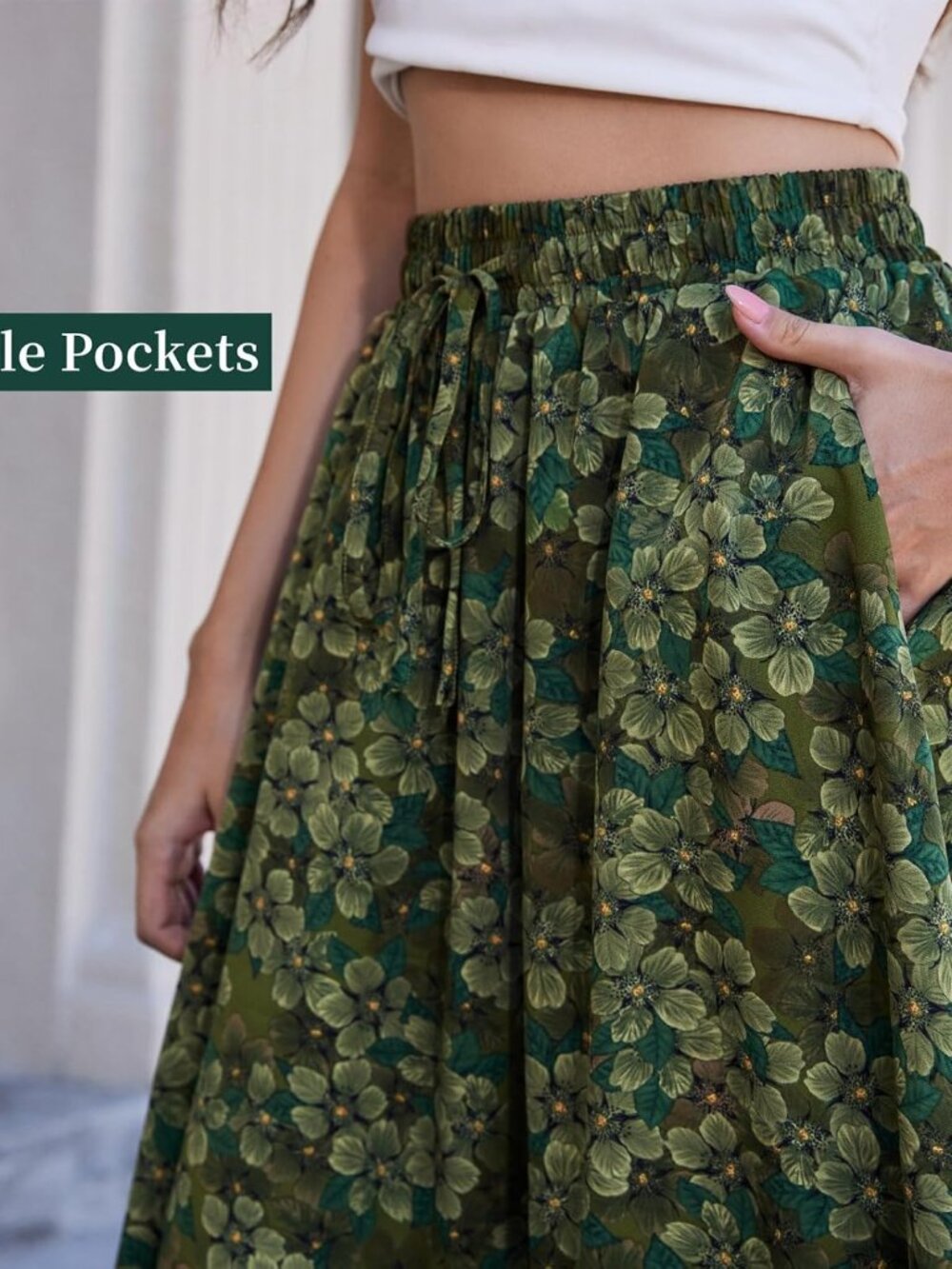 Womens Green Floral 100% Polyester Elastic Length Casual with Pockets Maxi Skirt - Picture 4 of 6